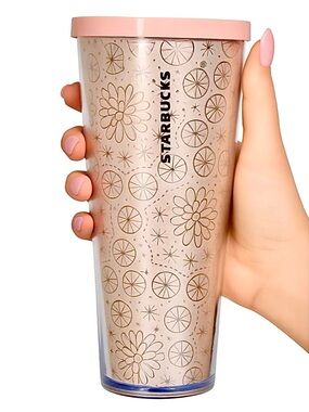 Starbucks Rose Gold Pink Geometric Cactus Flower Succulent 24oz Cold Tumbler NWT